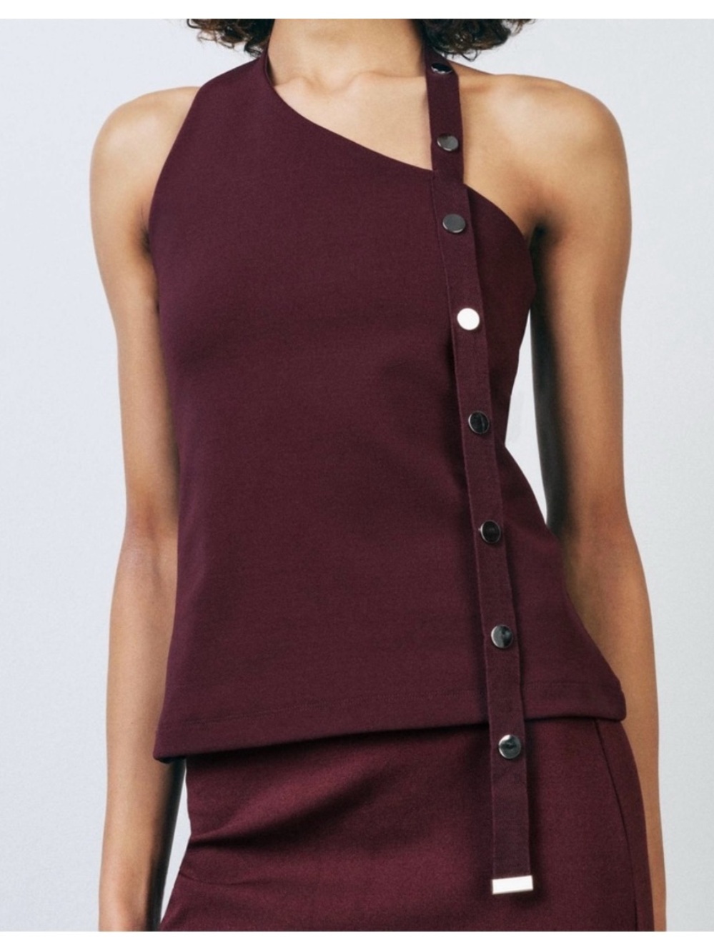 ZARA NWT Asymmetrical One-Shoulder Button-Trim Top in Deep Wine